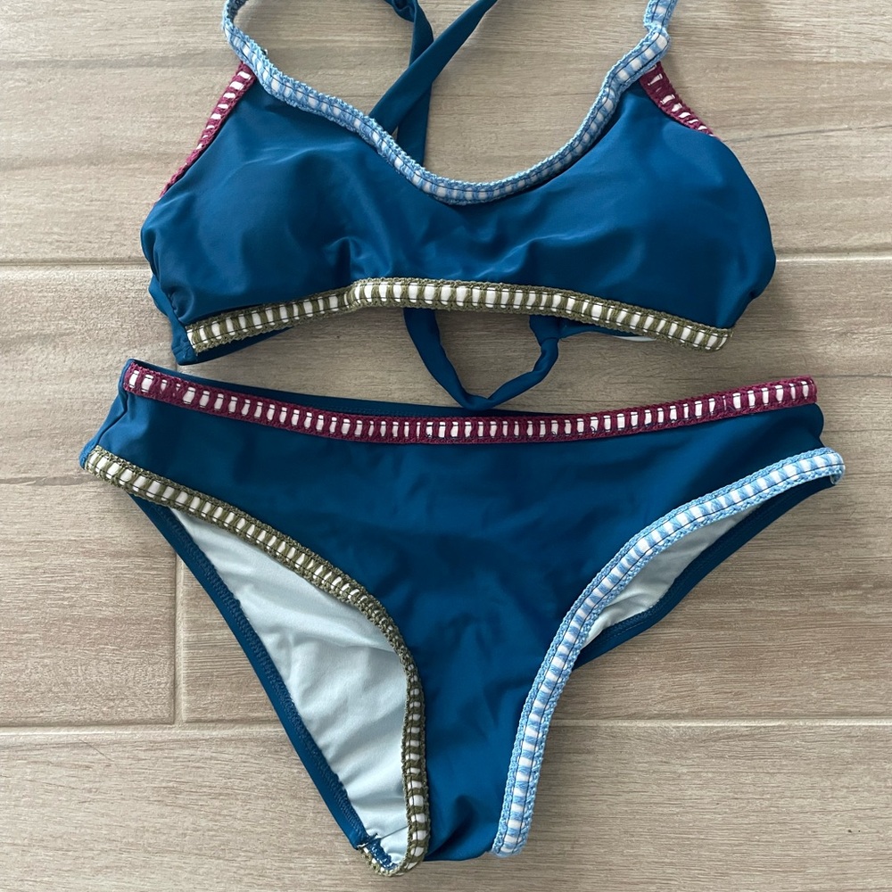 Cupshe Blue Bikini with Gold and Red Accents